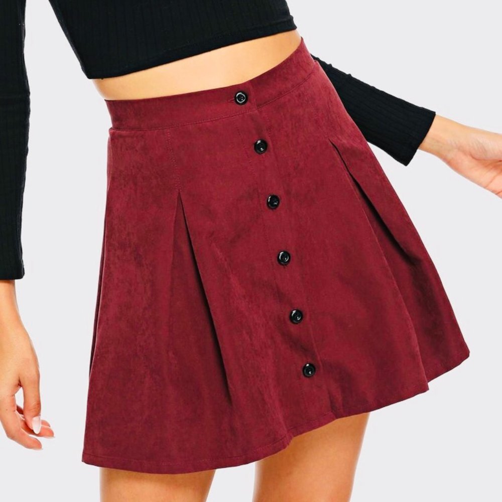 maroon faux suede button up skirt